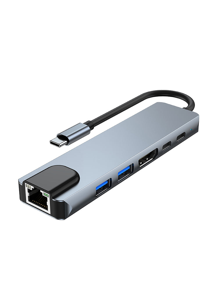 6 in 1 TYPE-C to HDMI+USB3.0+2.0+RJ45 100M+PD+Data Interface Hub Adapter Dock
