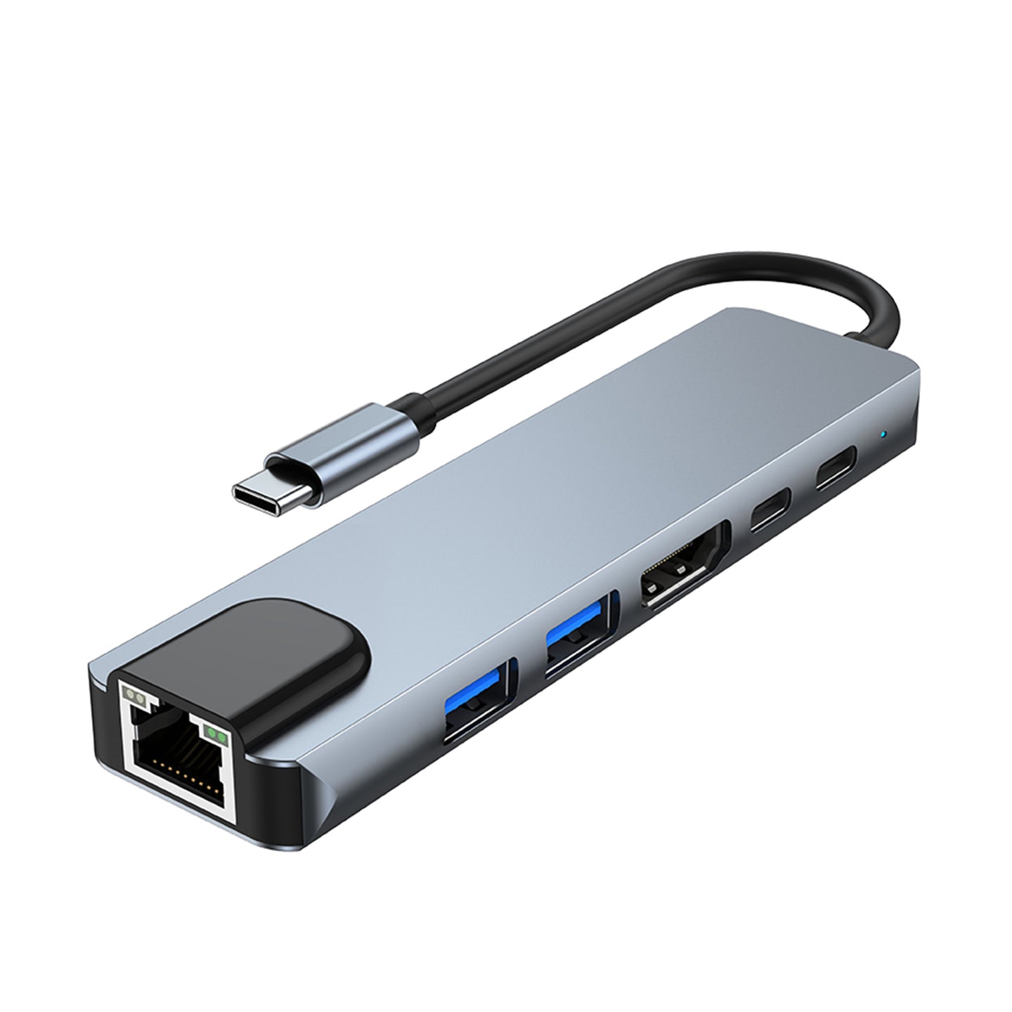 6 in 1 TYPE-C to HDMI+USB3.0+2.0+RJ45 100M+PD+Data Interface Hub Adapter Dock