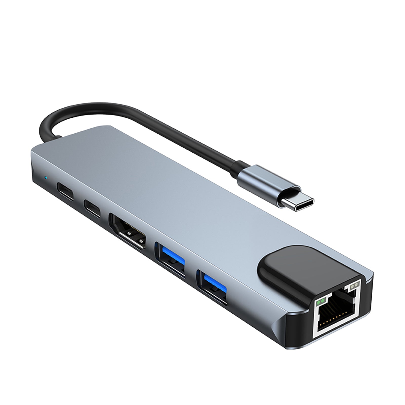 6 in 1 TYPE-C to HDMI+USB3.0+2.0+RJ45 100M+PD+Data Interface Hub Adapter Dock