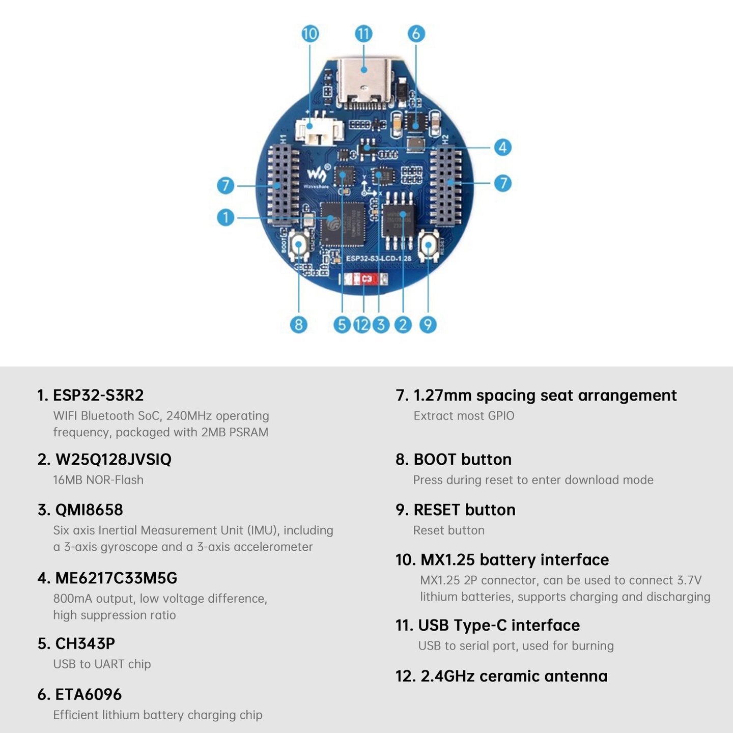 ESP32 S3 Development Board with 1.28-inch LCD Screen Round IPS Screen Bluetooth