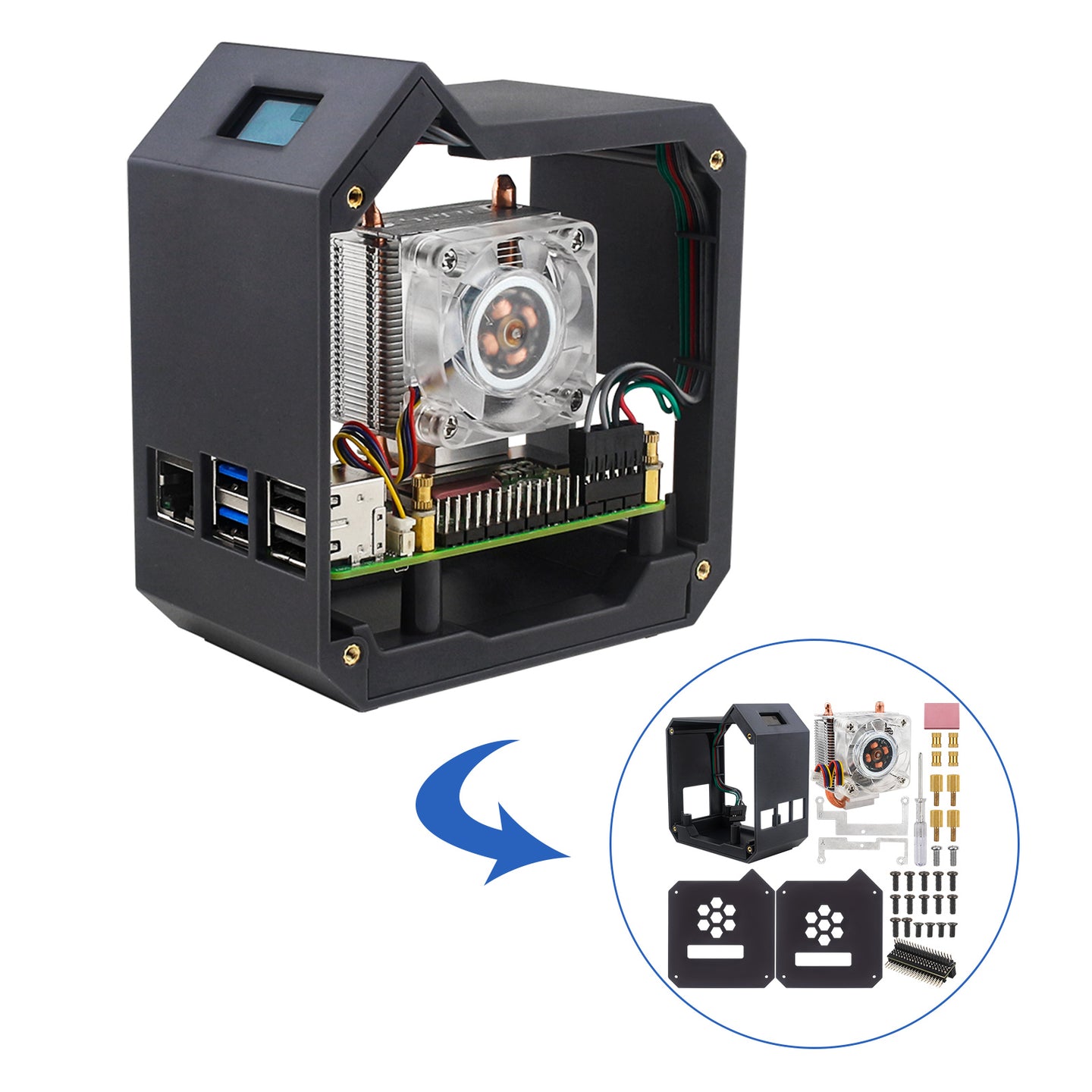 Raspberry Pi 5 Vertical Tower Fan Set with 0.96 inch OLED Screen Radiator Shell