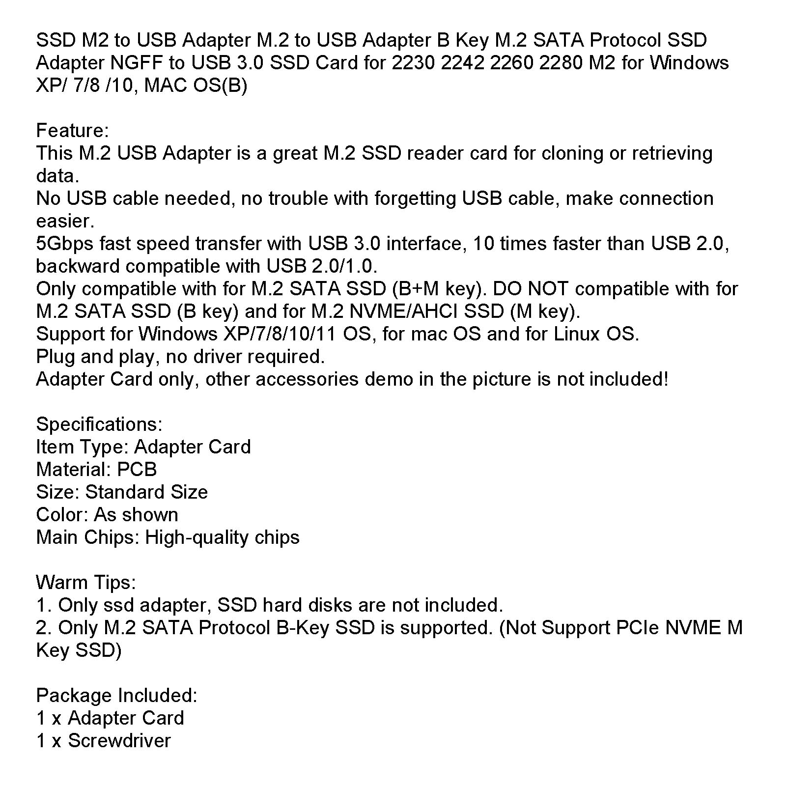 M.2 to USB Adapter SATA Protocol Support 2230 2242 2260 2280 for Windows MAC OS
