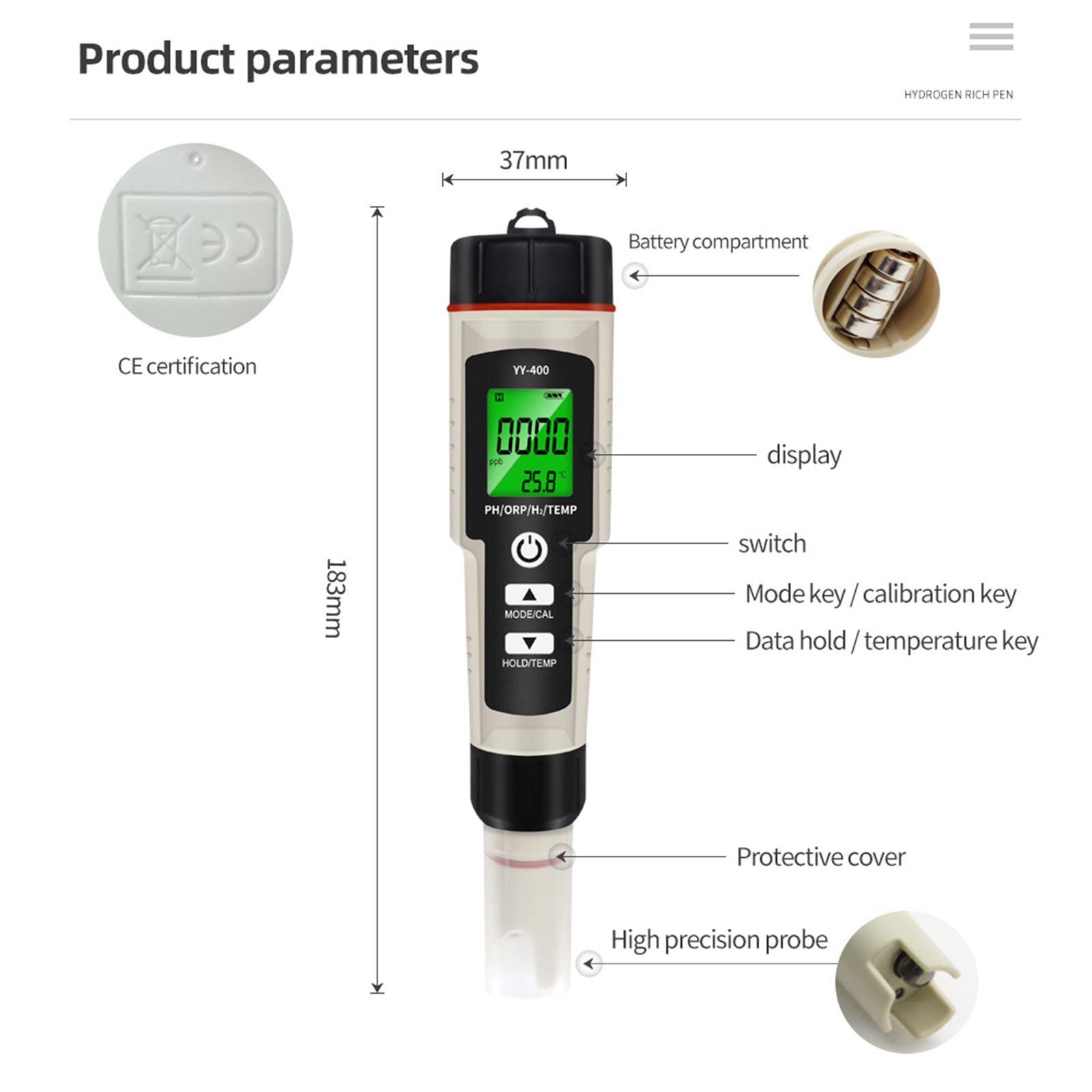 Portable 4-in-1 Hydrogen-Rich Water Test Pen – PH, ORP, Temp Meter Tester