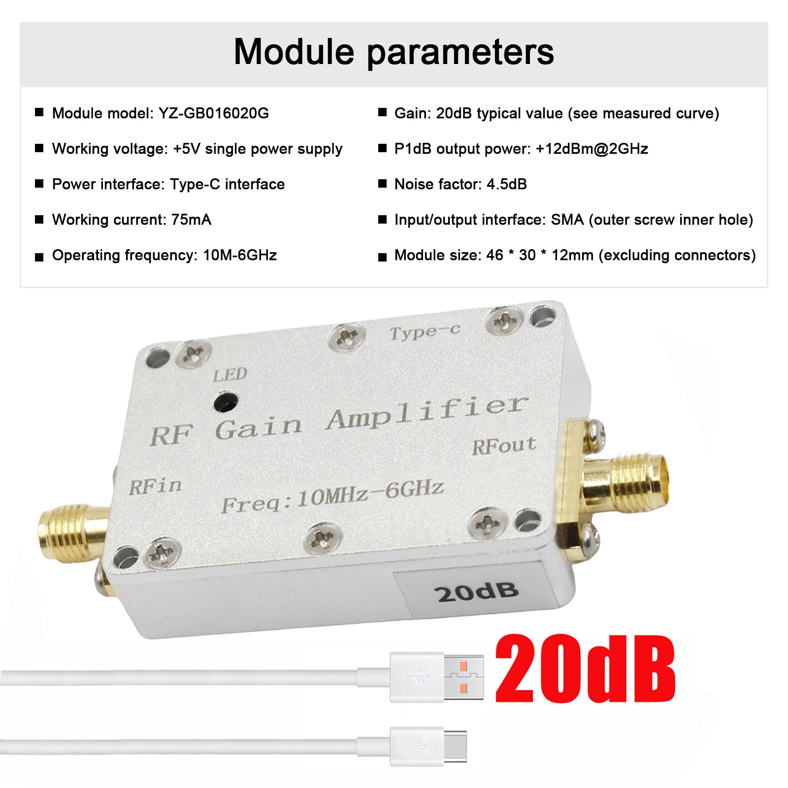 10M-6GHz RF Amplifier 20dB High Gain Driver Receiving Amplifier Signal Module