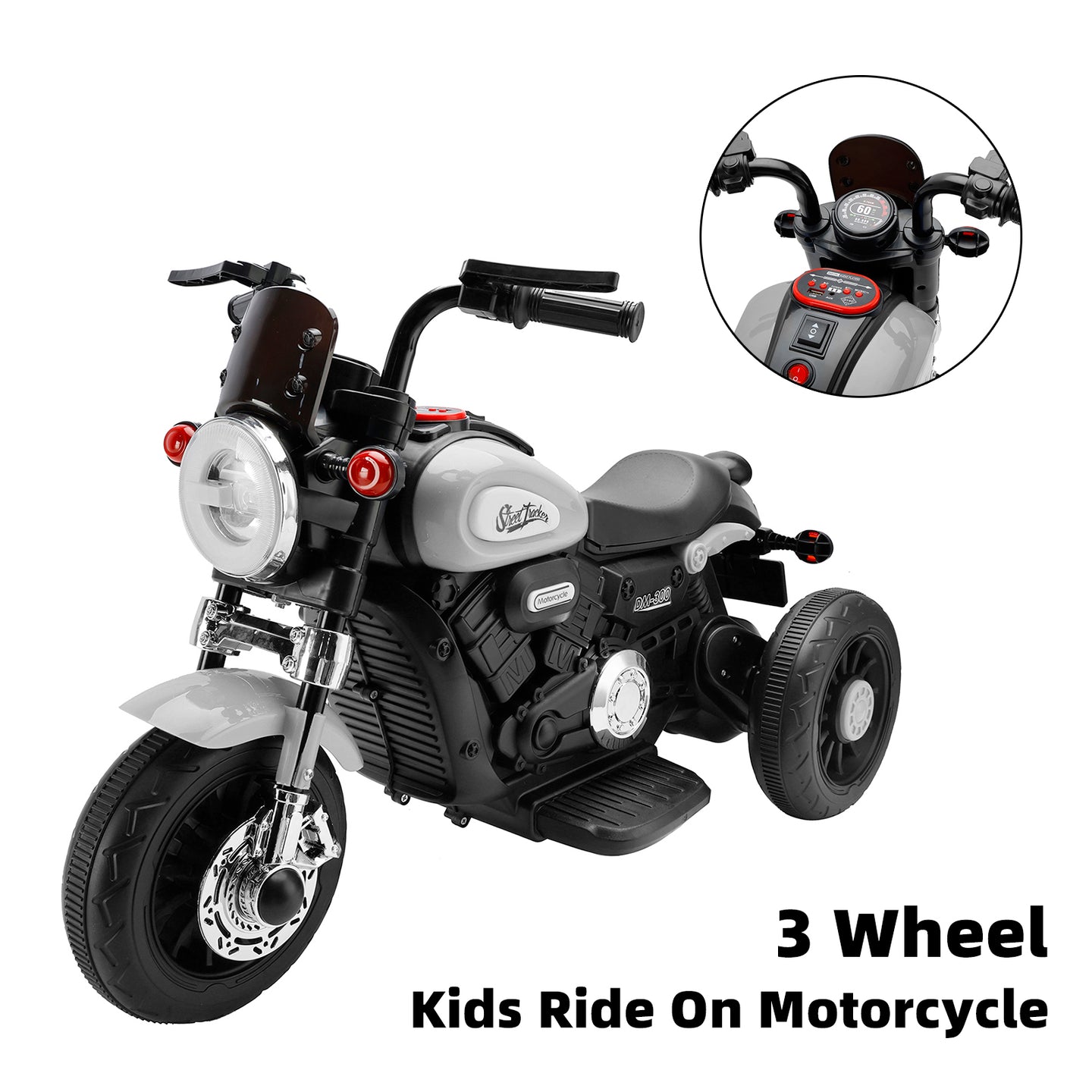 3 Wheel Kids Ride On Motorcycle 6V Powered Electric Dual Drive Toy Car Gray