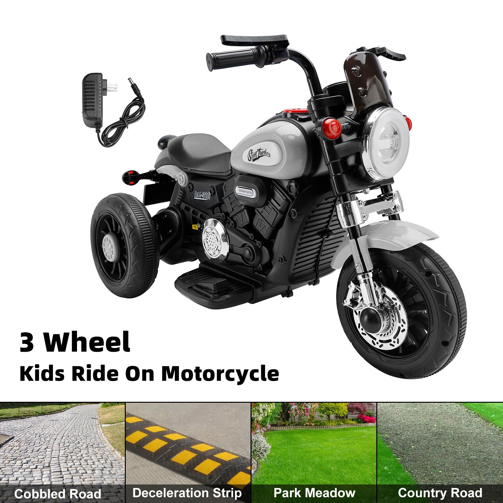 3 Wheel Kids Ride On Motorcycle 6V Powered Electric Dual Drive Toy Car Gray