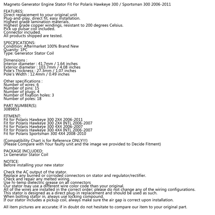 06-11 Polaris Sportsman Hawkeye 300 3089853 Stator Magneto