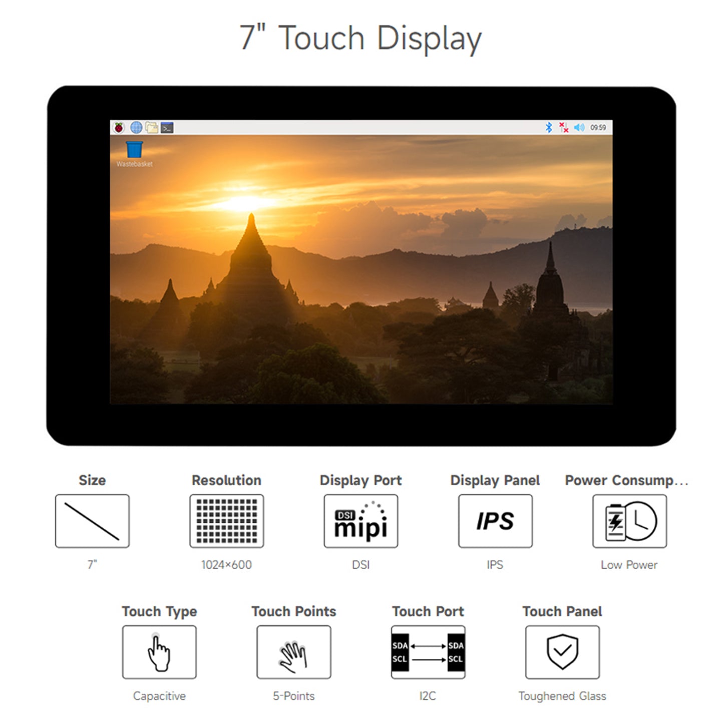Raspberry Pi 7-inch IPS Capacitive 5-Point Touch Screen 1024¡Á600 Pixels Pi5/4B
