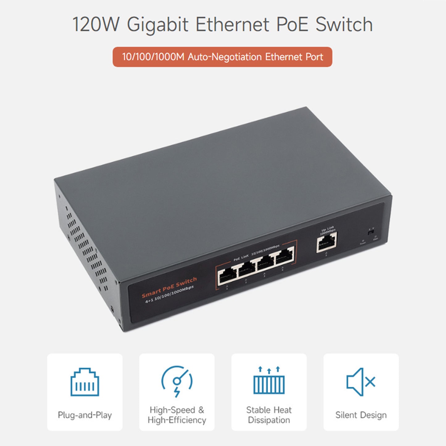 120W Gigabit Ethernet Poe Switch 10/100/1000M Port Adaptive Plug 4 Network Ports