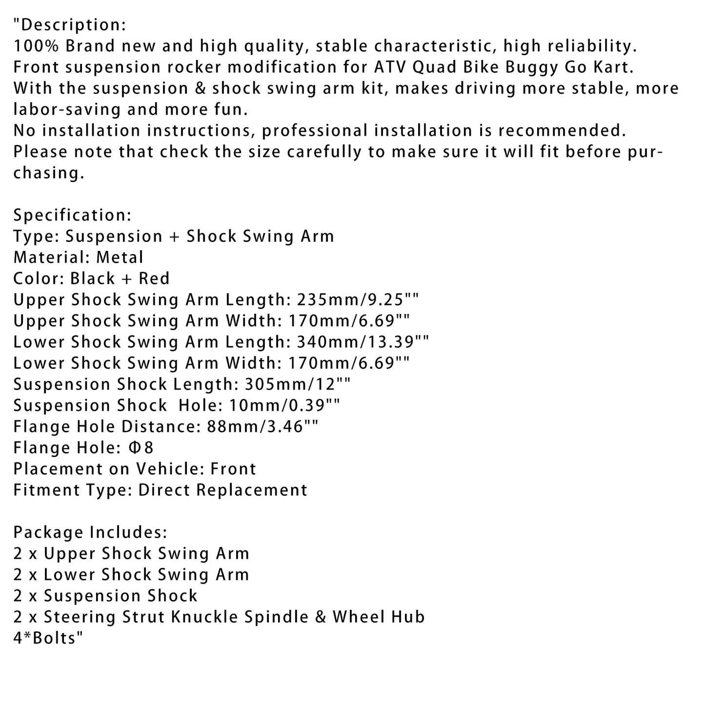 12 inch Front Suspension Swingarm Buggy Electric ATV Go Kart Bike