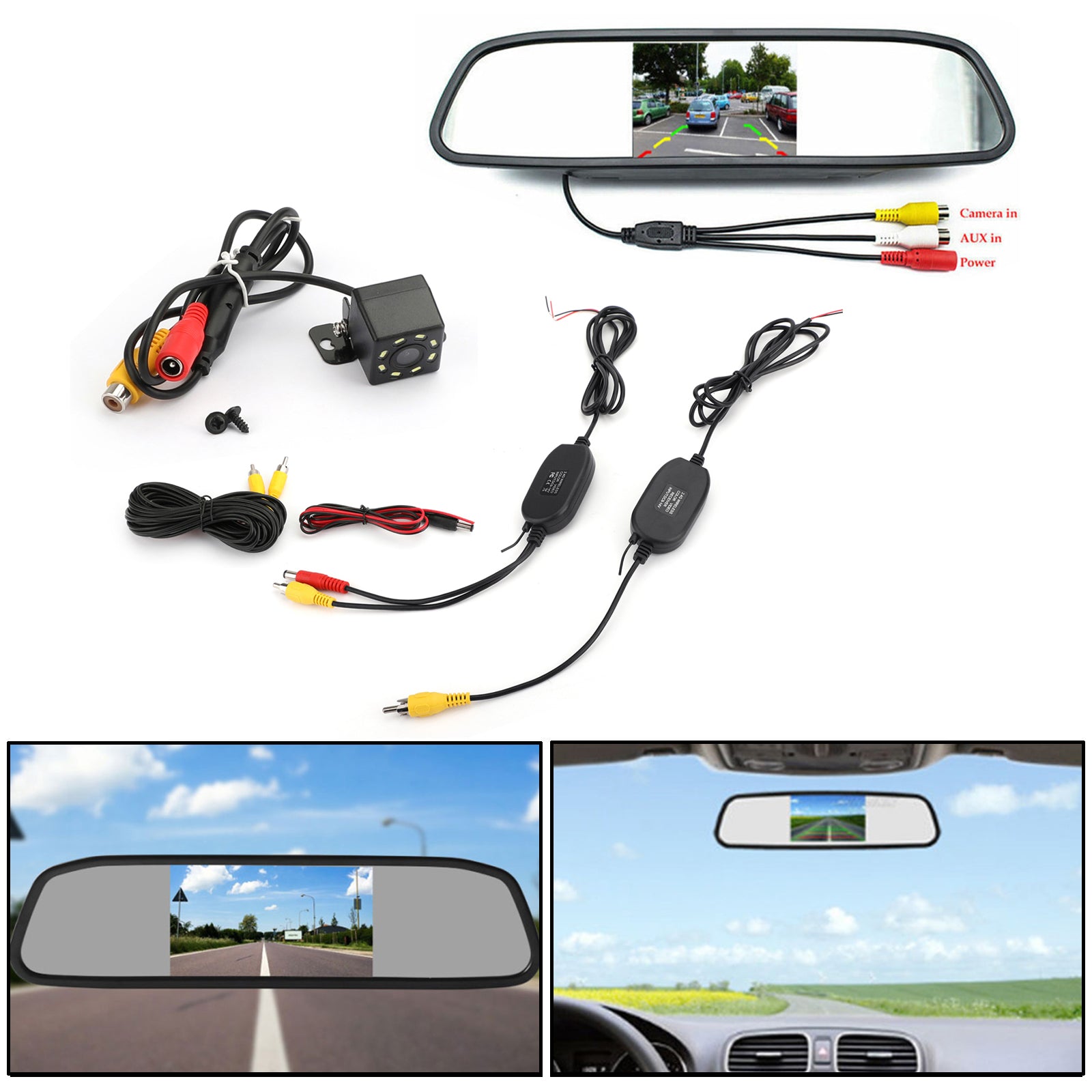 2.4GHz Car Rear Front HD Wireless Video Transmitter and Receiver + 8LED Camera + Car Monitor Kit Side View