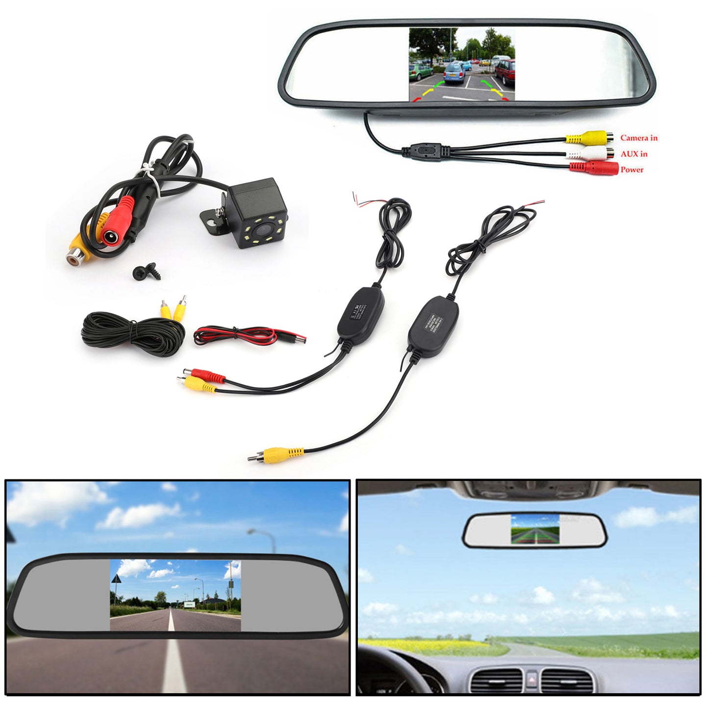 2.4GHz Car Rear Front HD Wireless Video Transmitter and Receiver + 8LED Camera + Car Monitor Kit Side View