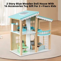 2 Story Blue Wooden Doll House With 16 Accessories Toy Gift For 3 +Years Kids
