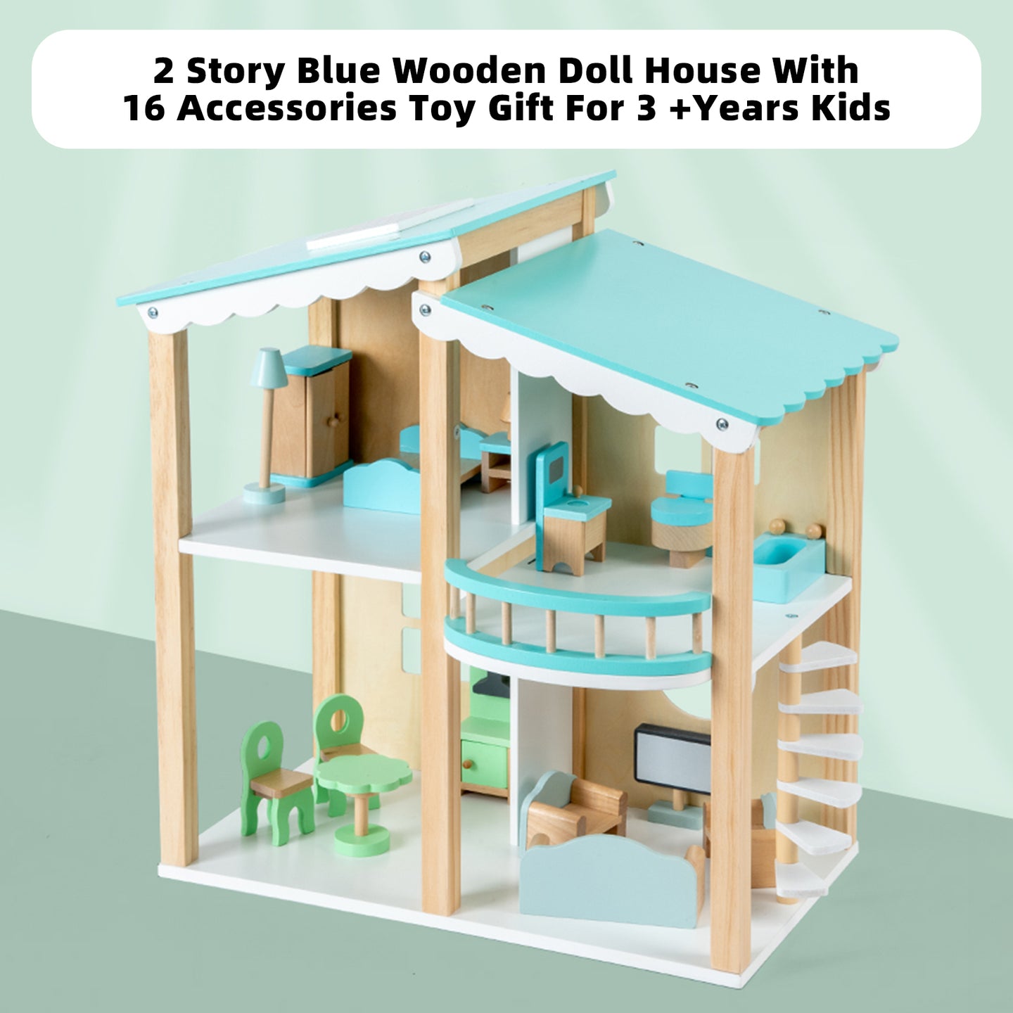 2 Story Blue Wooden Doll House With 16 Accessories Toy Gift For 3 +Years Kids
