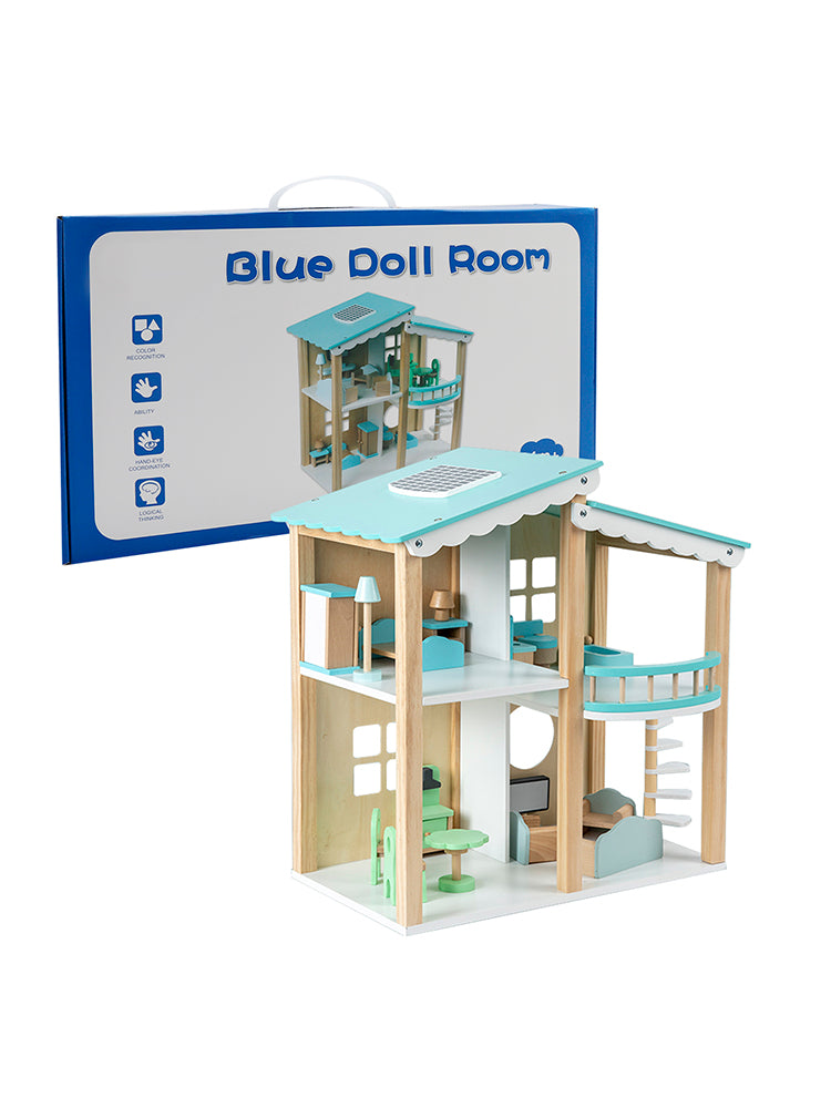 2 Story Blue Wooden Doll House With 16 Accessories Toy Gift For 3 +Years Kids