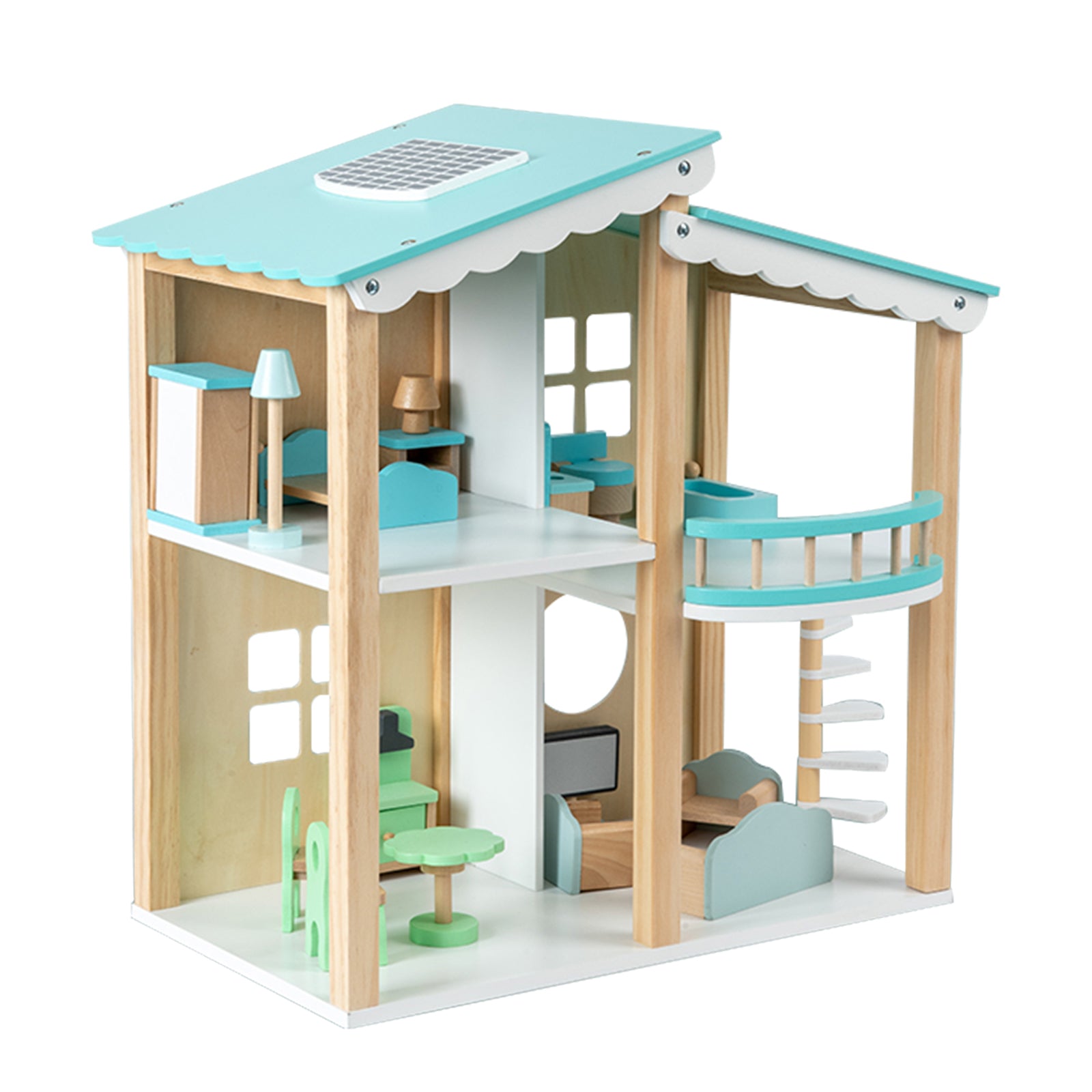 2 Story Blue Wooden Doll House With 16 Accessories Toy Gift For 3 +Years Kids