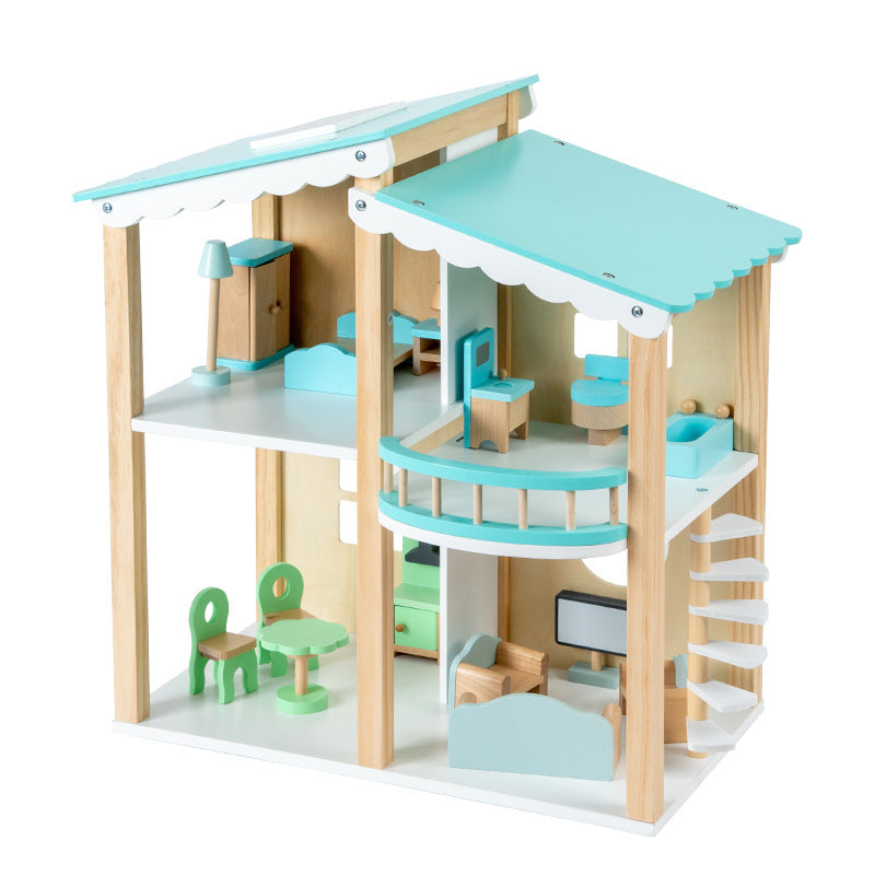2 Story Blue Wooden Doll House With 16 Accessories Toy Gift For 3 +Years Kids