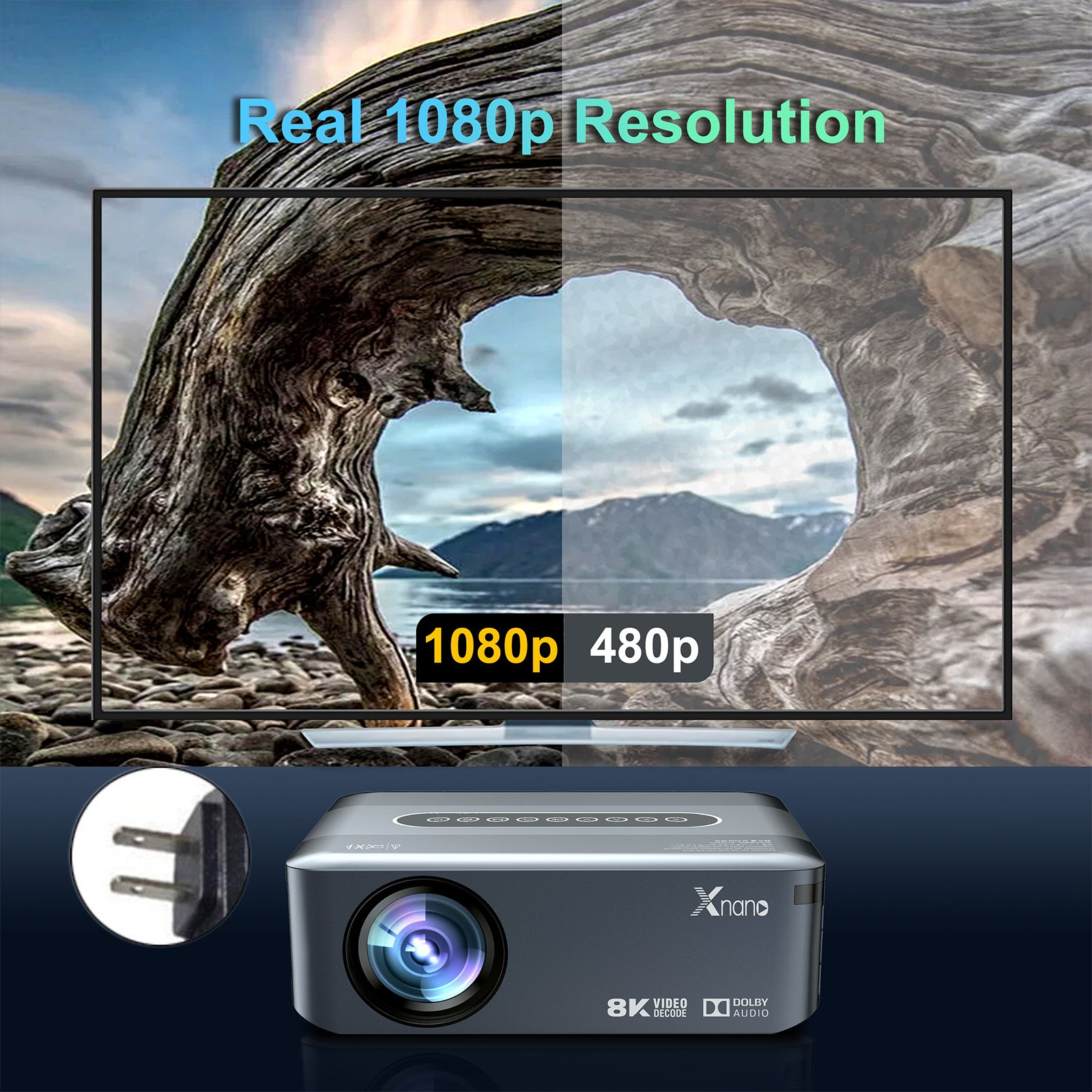 Native 1080p Smart Projector with Android 9.0, WiFi & Bluetooth, Supports 8K/4K, Home Theater Movie Projector with Voice Remote