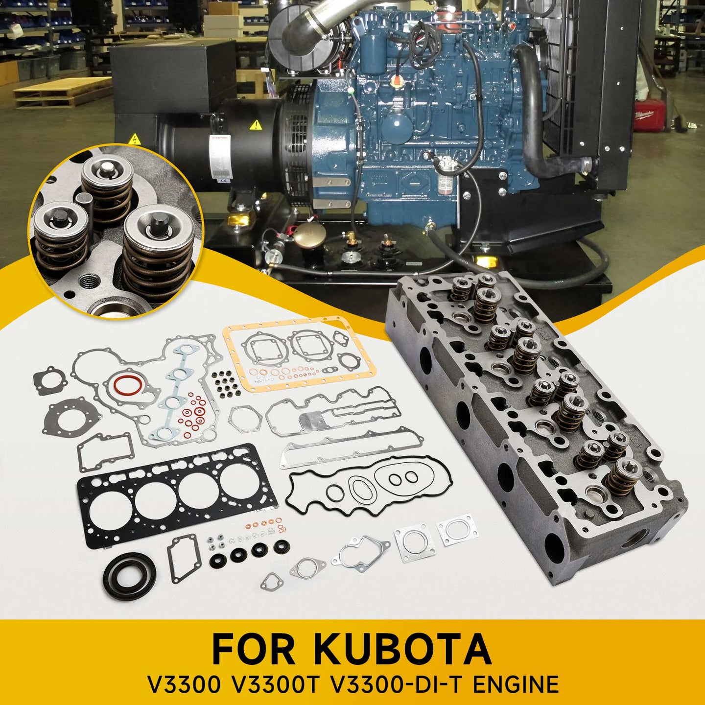 Complete Cylinder Head & Gasket Kit for Kubota V3300 Engine, Fits Bobcat S650, T650 & Case 445, with 12 Valves
