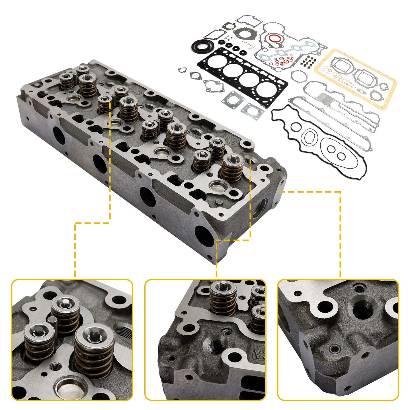 Complete Cylinder Head & Gasket Kit for Kubota V3300 Engine, Fits Bobcat S650, T650 & Case 445, with 12 Valves