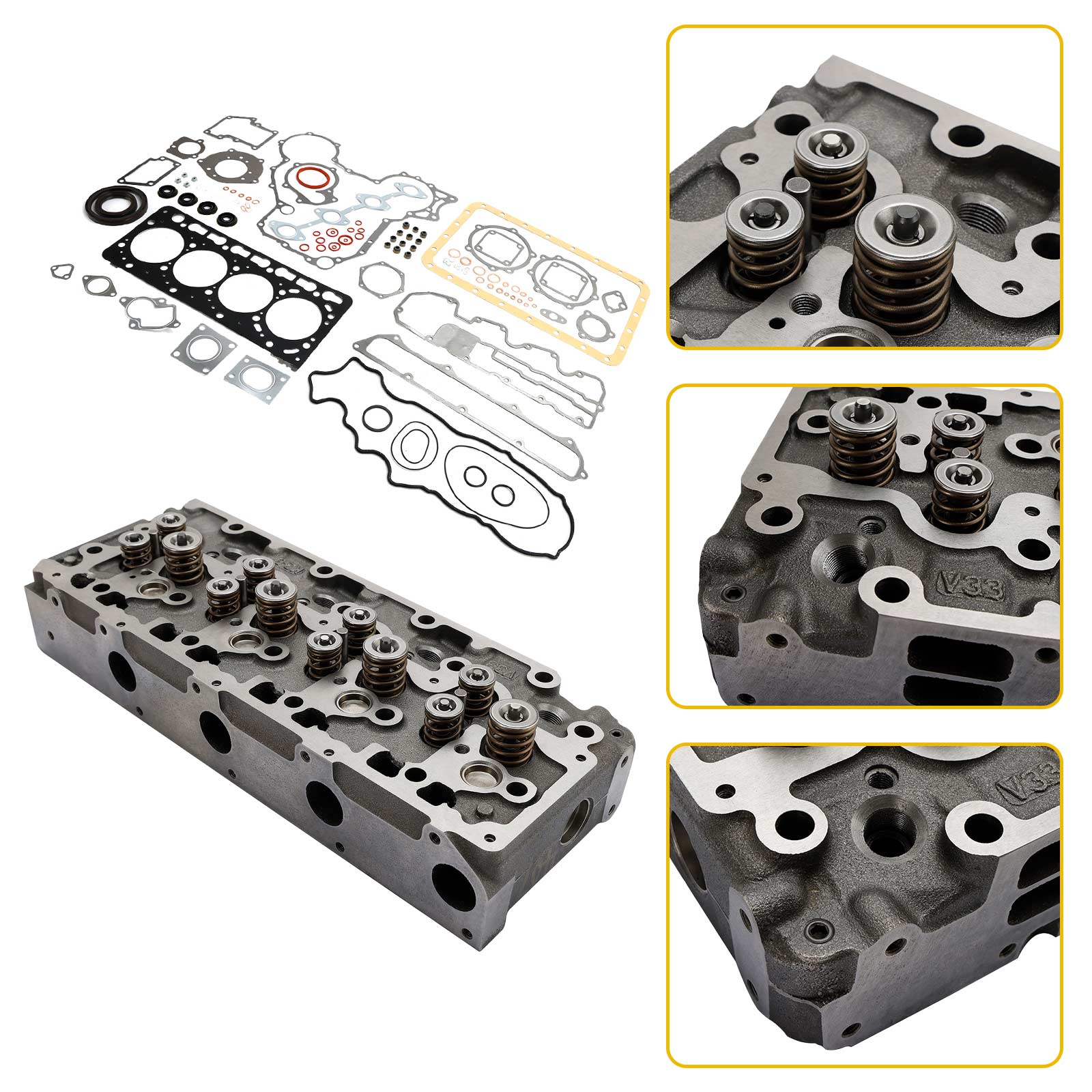 Complete Cylinder Head & Gasket Kit for Kubota V3300 Engine, Fits Bobcat S650, T650 & Case 445, with 12 Valves