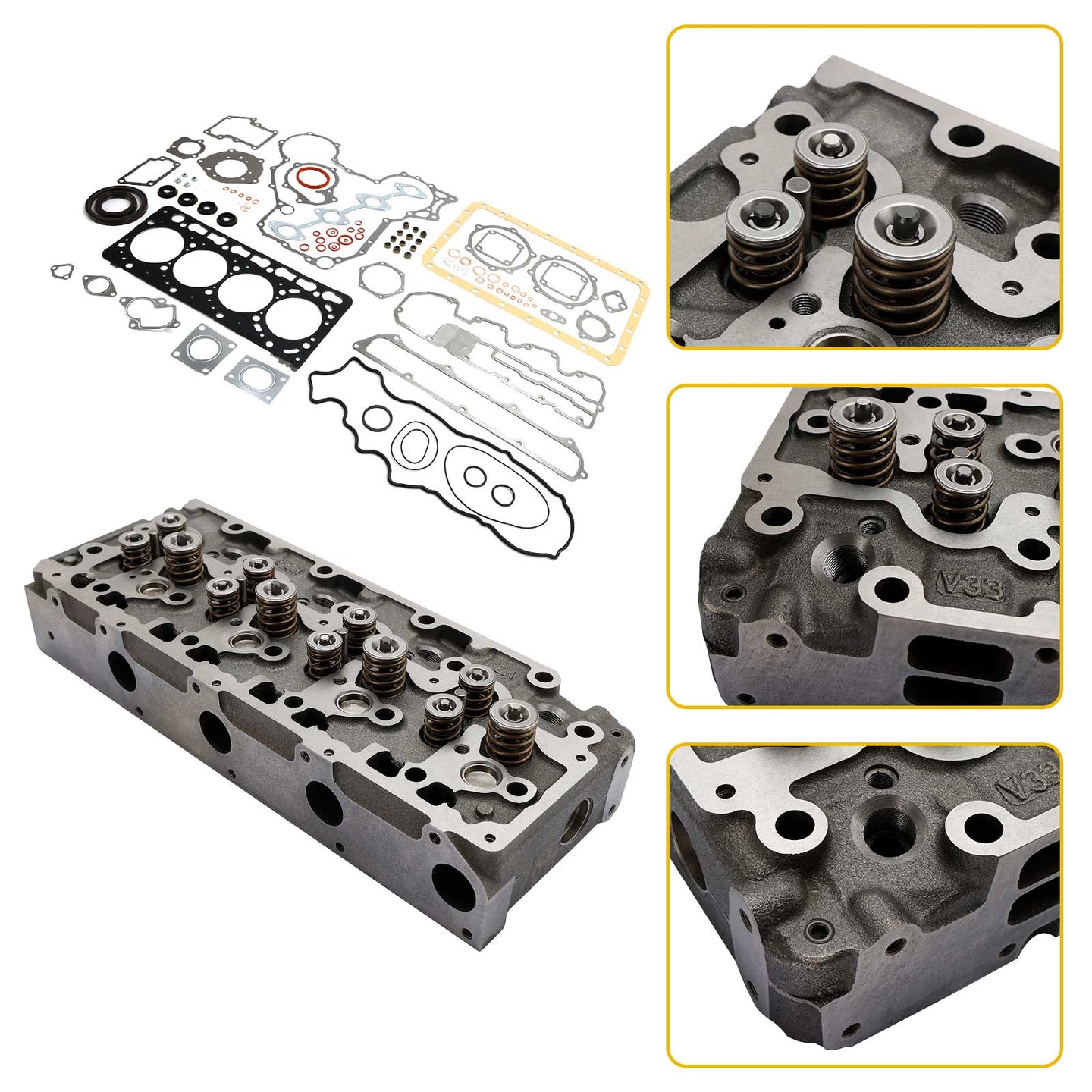 Complete Cylinder Head & Gasket Kit for Kubota V3300 Engine, Fits Bobcat S650, T650 & Case 445, with 12 Valves
