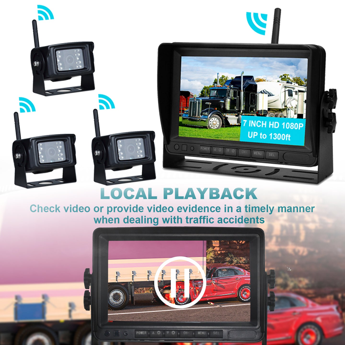 3 Camera Wireless AHD 1080P Backup Camera System with 7" Split Screen Monitor & DVR Recording for Truck, RV, Trailer