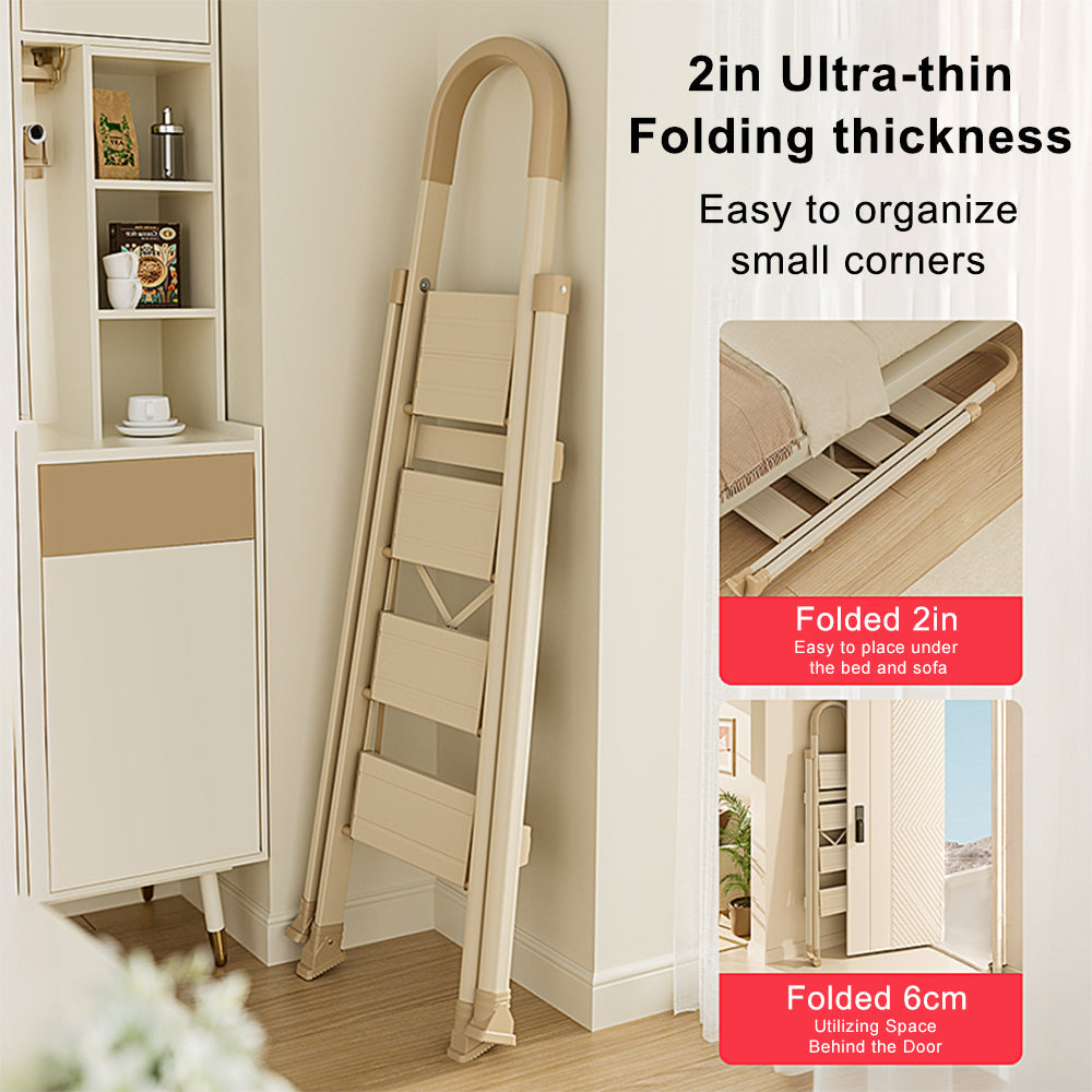 4-Step Ultra-Slim Folding Ladder, 2.8" Thick with Safety Handrail & Wide Anti-Slip Pedals, 330 lbs Capacity (White)