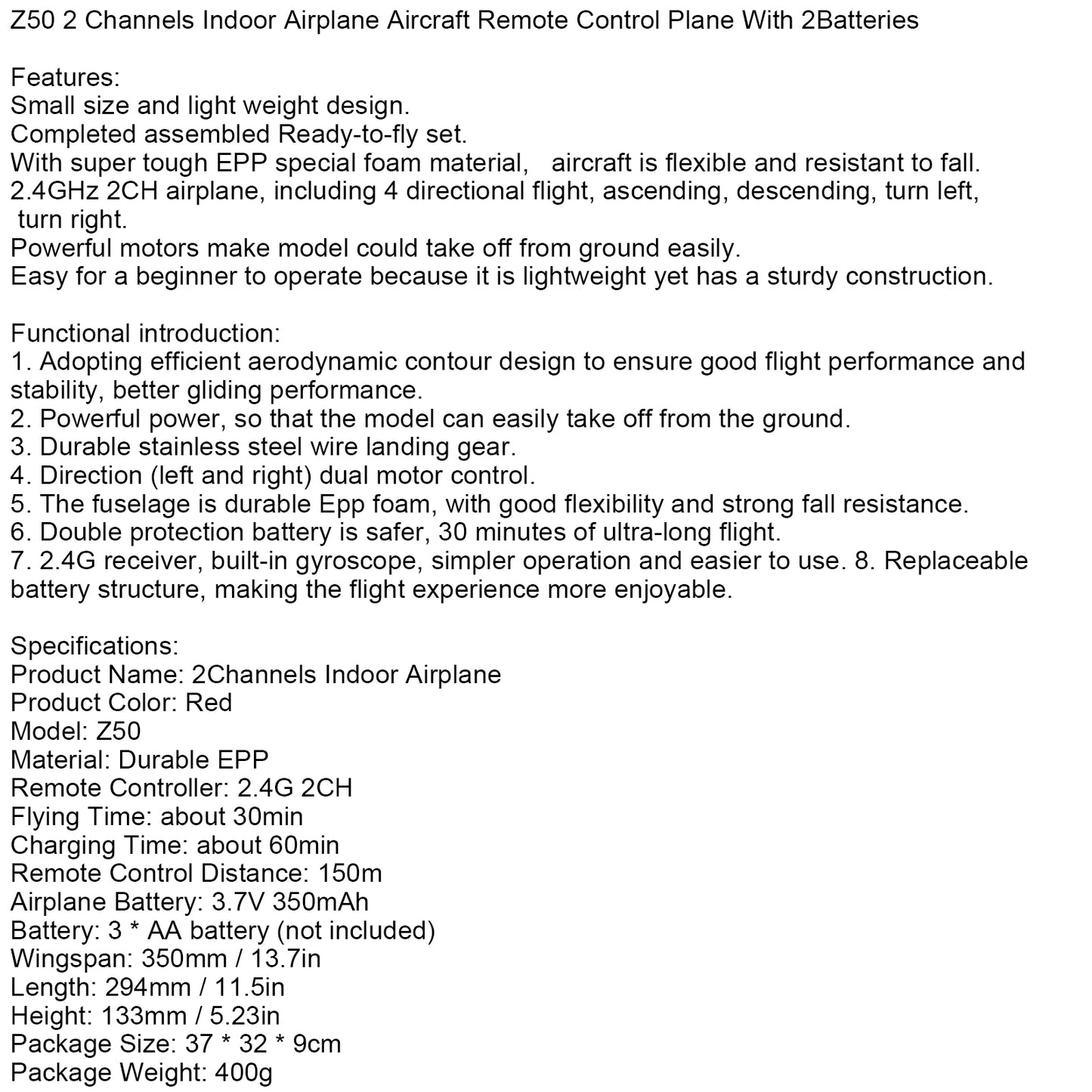 Z50 2 Channels Indoor Airplane Aircraft Remote Control Plane With 2Batteries