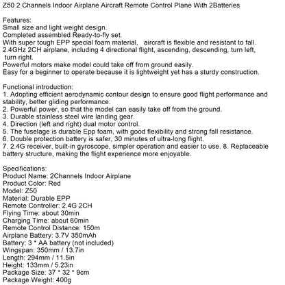 Z50 2 Channels Indoor Airplane Aircraft Remote Control Plane With 2Batteries