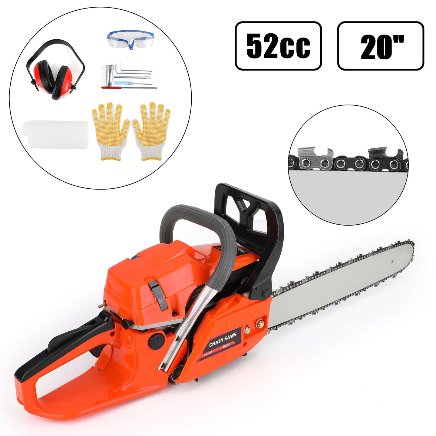 20" Gasoline Chainsaw a€?Engine 2 Cycl 52 Cc, 2 KW- Sawing Cutting Pruning and Trimming Wood