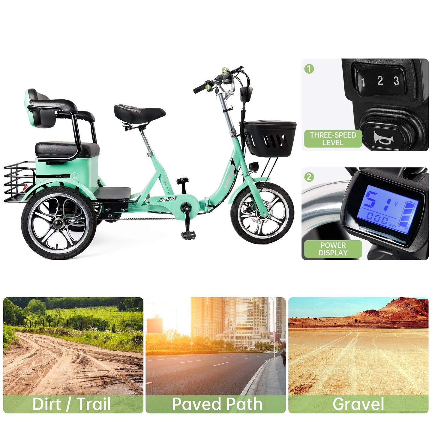 Electric Bike, 400W Folding Trike Ebike, 3 Wheel Electric Bicycle, Up to 34 Miles, 16 Tire Tricycle for Adults, Green