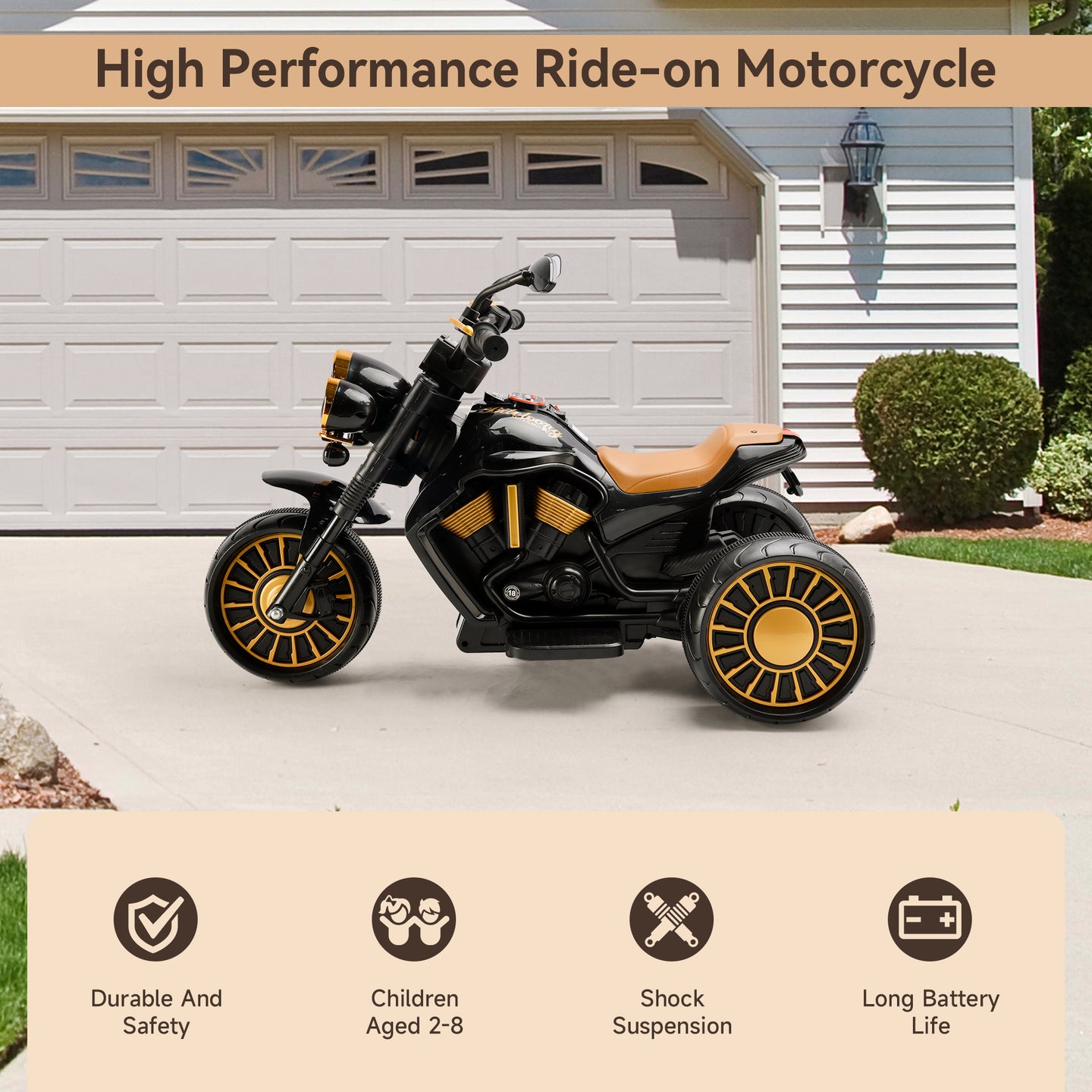 3-Wheel Kids Ride-On Motorcycle, Electric Dual-Drive w/ LED Lights (Black), Ages 1–8 (Copy)