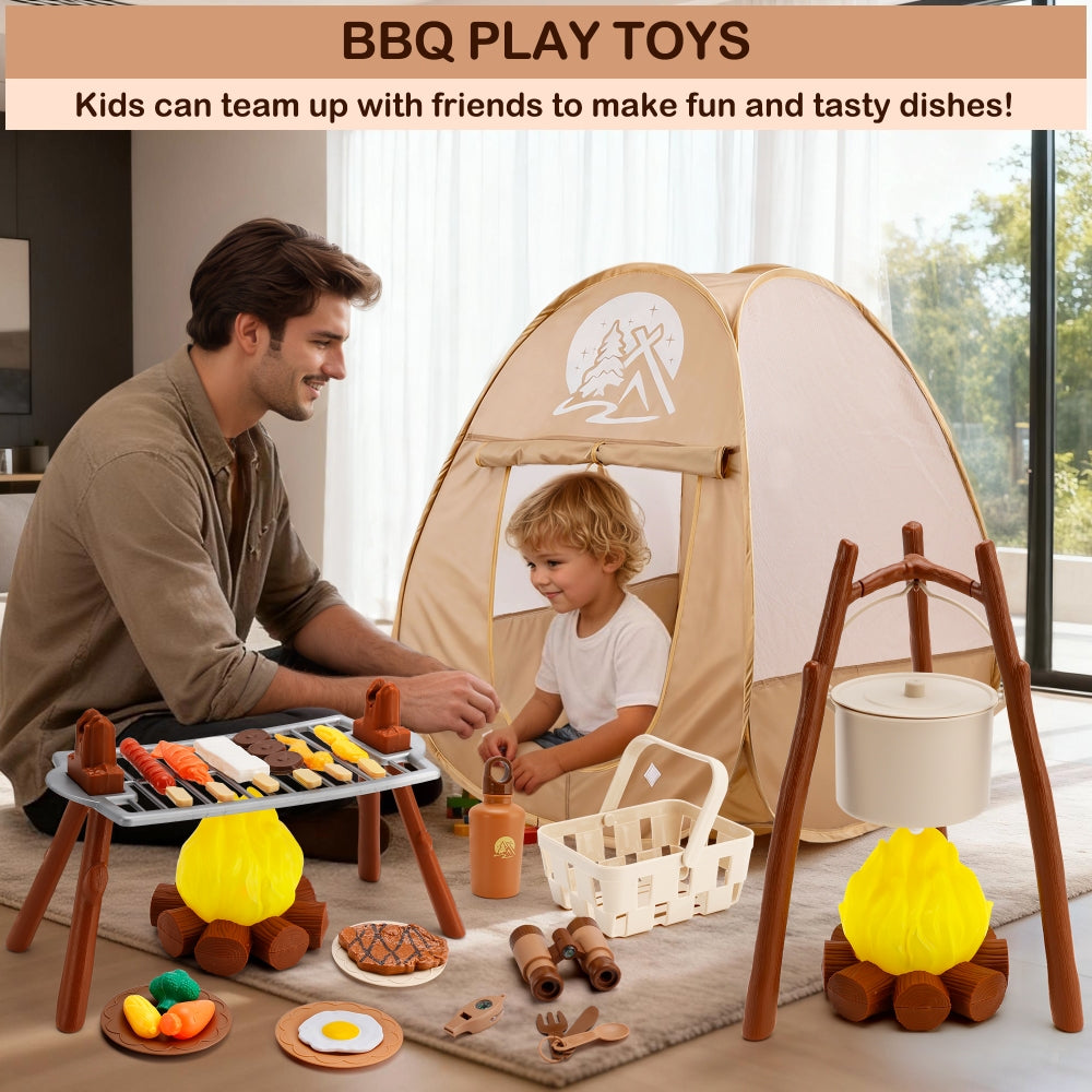 Kids Camping Set with Tent 34Pcs Camping Pretend Play Set with Light-Up Campfire