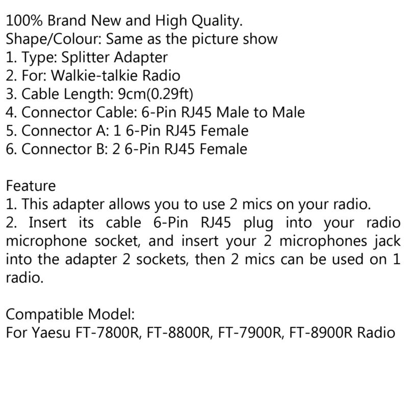 1 3Pcs 2 Microphone Splitter Adapter to For Yaesu Car Radio FT-7900R FT-8900R