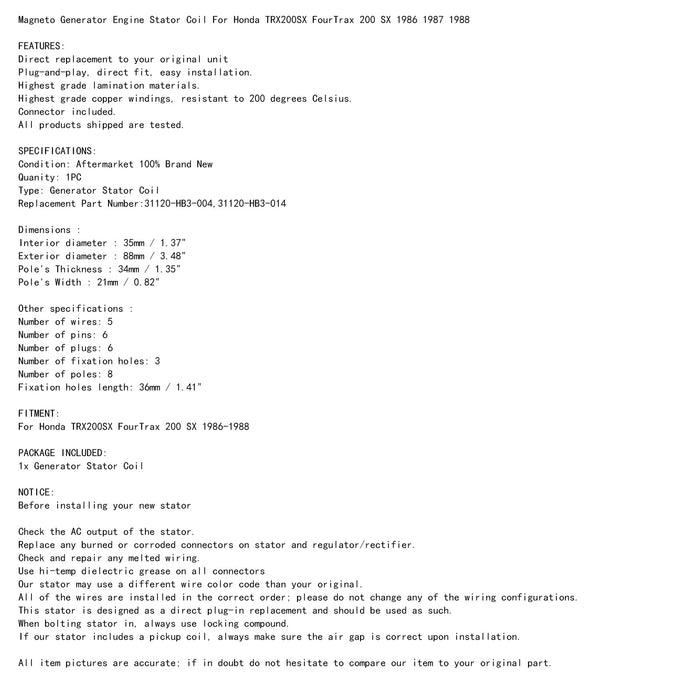 86-88 Honda FourTrax 200 31120-HB3-004 31120-HB3-014 Magneto Stator Coil
