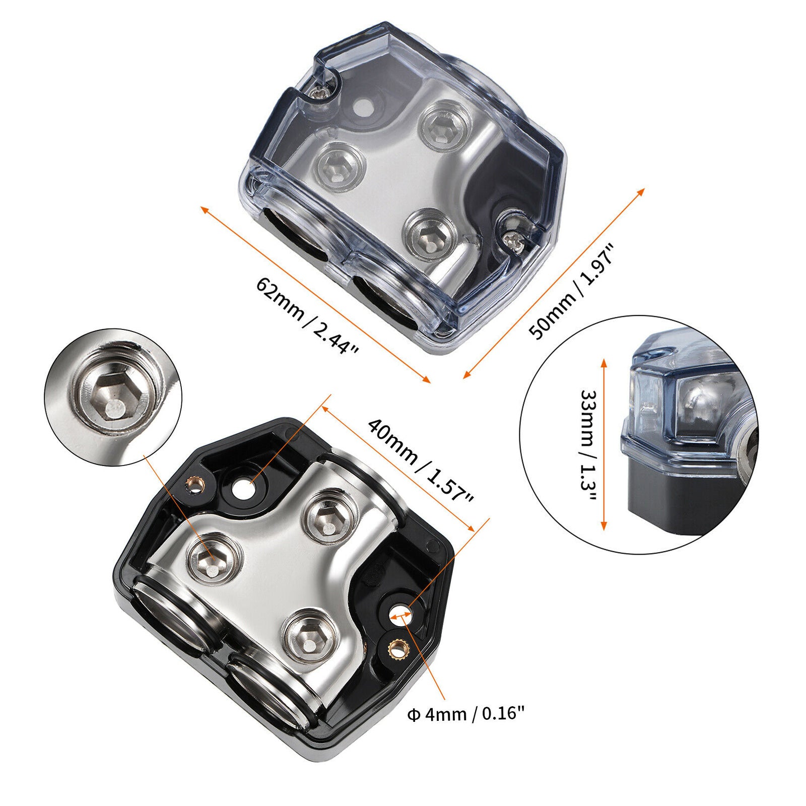Plastic housing Distribution Block 1x0 In 2x0 GA Out Block Splitter Fusebox Heat resistant Splitter Nickel Plated Clear Cover for Car Audio Marine