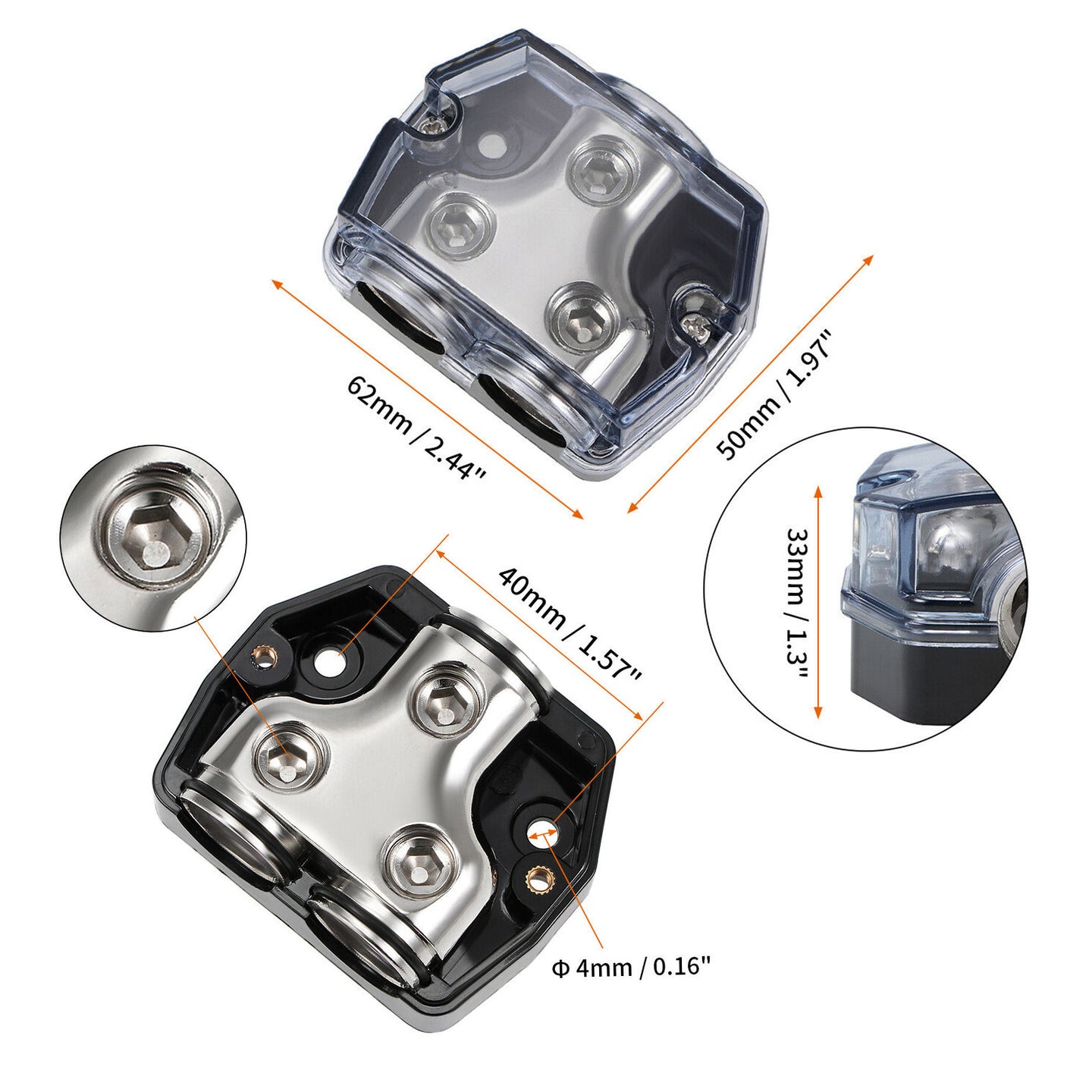 Plastic housing Distribution Block 1x0 In 2x0 GA Out Block Splitter Fusebox Heat resistant Splitter Nickel Plated Clear Cover for Car Audio Marine