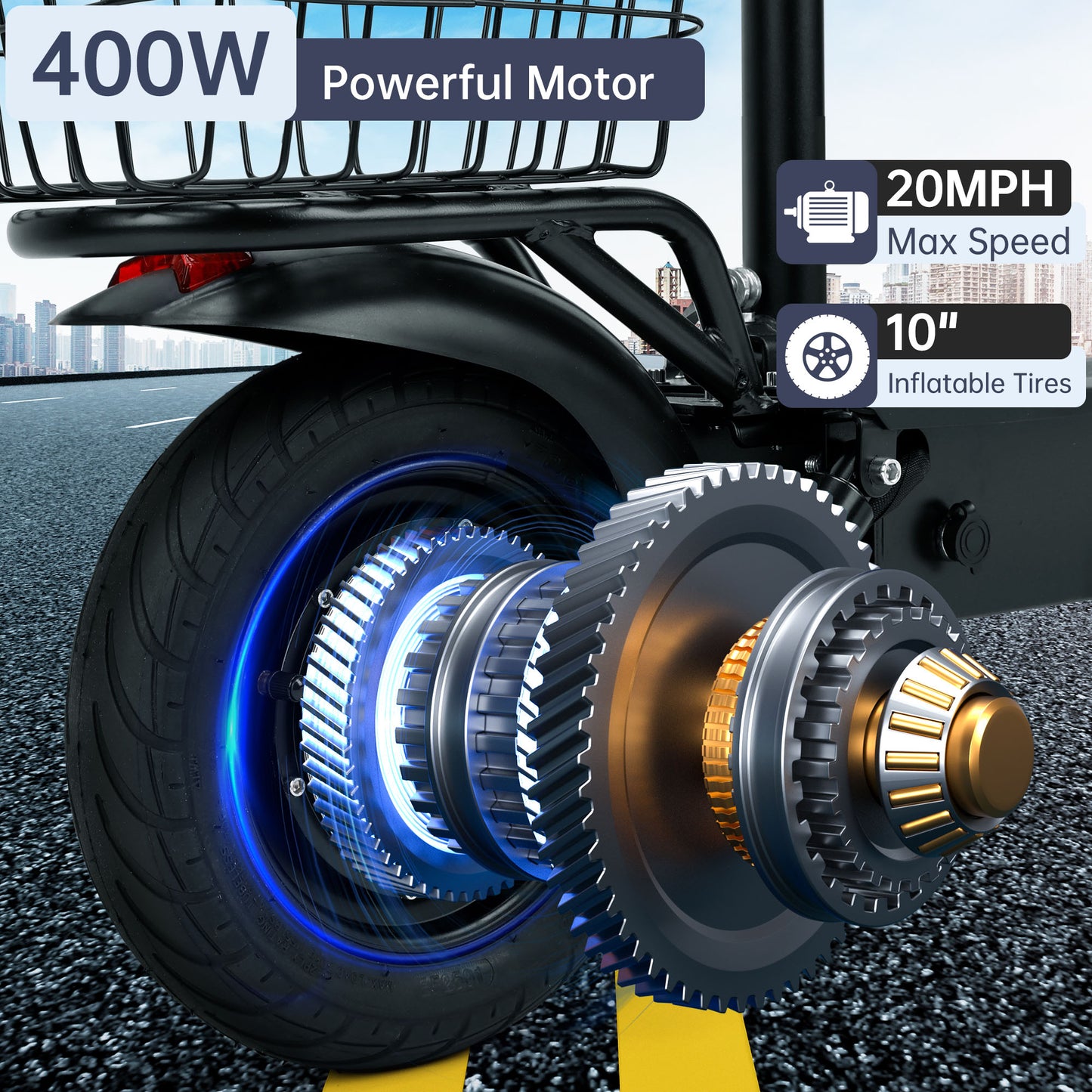 400W Adult Shock Absorption Electric Scooter with Seat 10" Commuter Electric Scooter With Carry Basket - Up to 25 Miles 20MPH For Lady