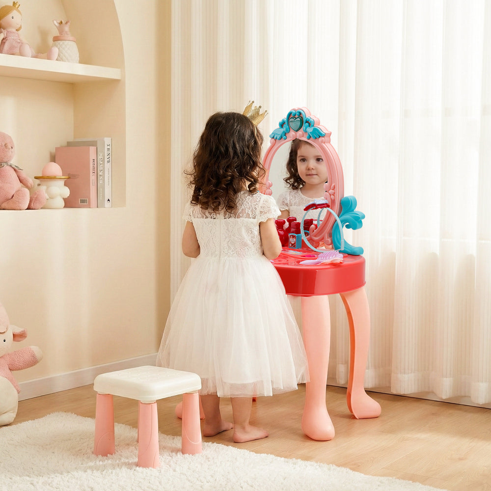 Toddler Makeup Table with Mirror and Chair Kids Vanity Set with Blowdryer for 3+