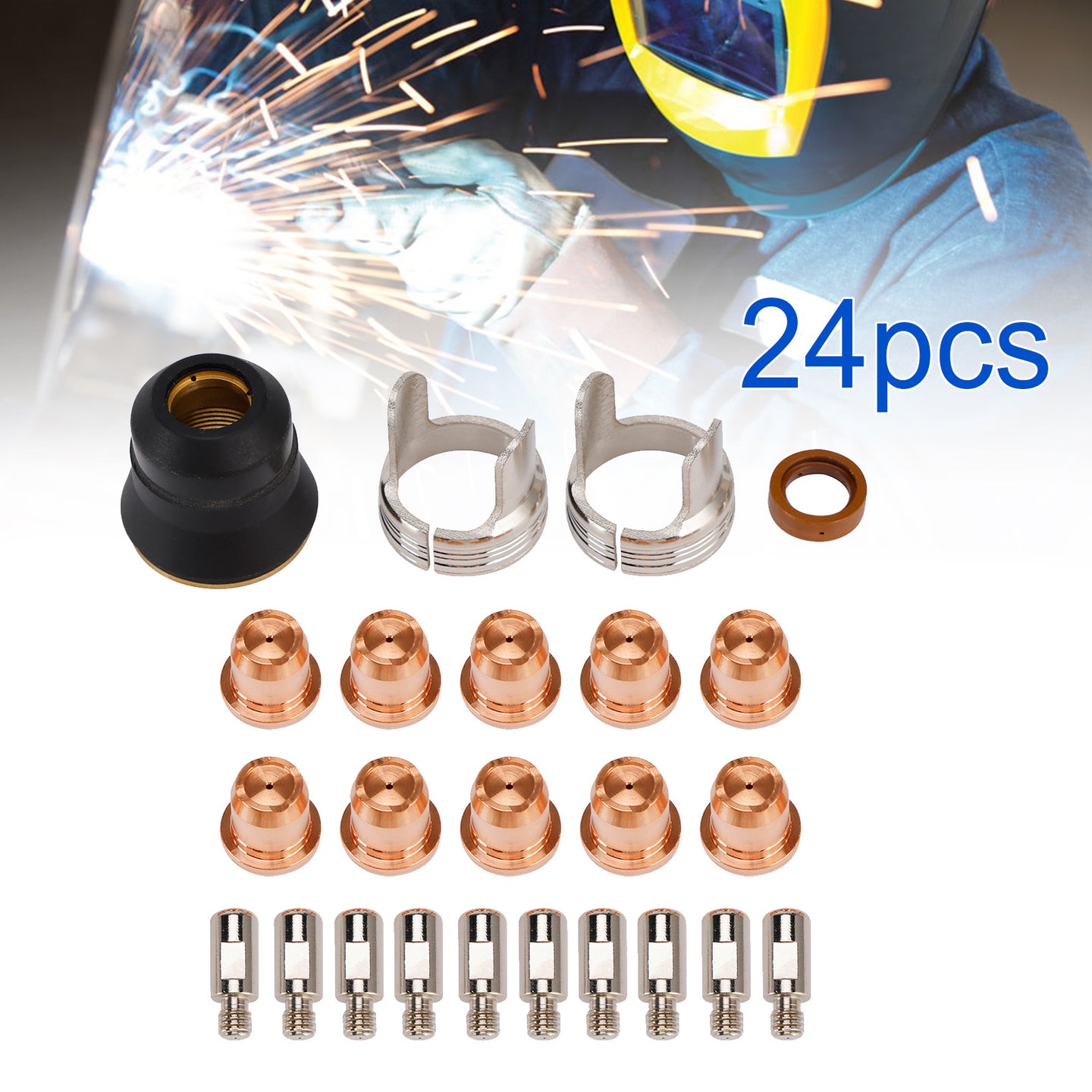 24 Pcs IPT40 Plasma Cutting Torch Tips Electrode Shield Cap For CUT-55DS CUT-65DS