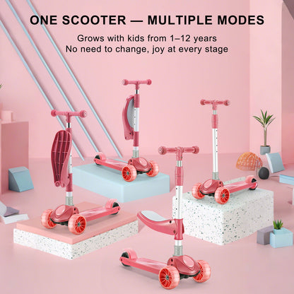 Foldable 3-Wheel Kids Scooter with Seat & Lights a?? Adjustable Handlebar (Pink)