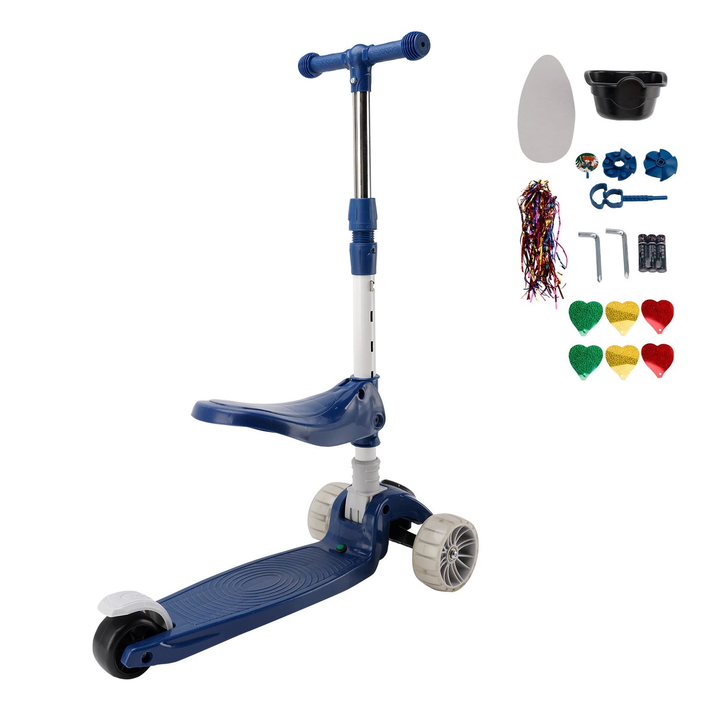 Foldable 3-Wheel Kids Scooter with Seat & Lights a?? Adjustable Handlebar, Lean-to-Steer (Blue)