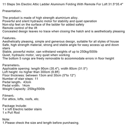 11 Steps 3m Electirc Attic Ladder Aluminum Folding With Remote Loft 31.5*35.4inch