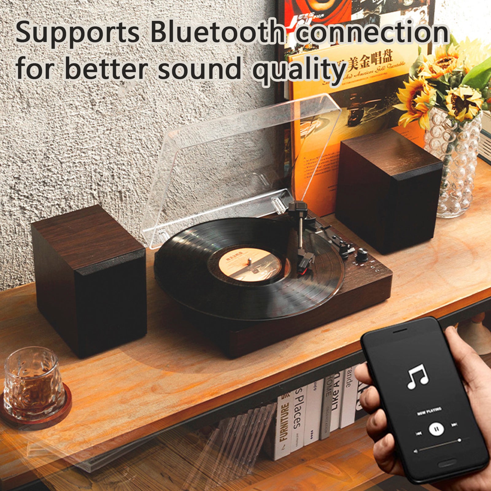Retro 3-Speed Bluetooth Turntable with 2 Matching Stereo Speakers, Vintage Vinyl Record Player System for Home Audio