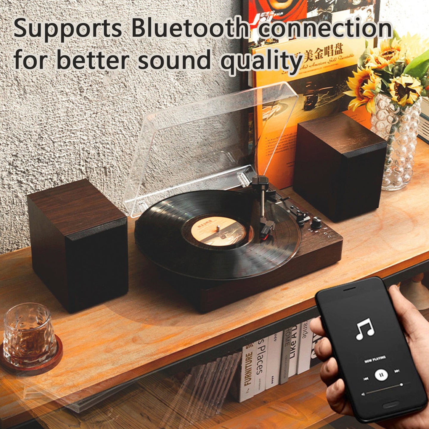 Retro Bluetooth Vinyl Record Player – 3-Speed Turntable with Built-in Speakers for Living Room Decor