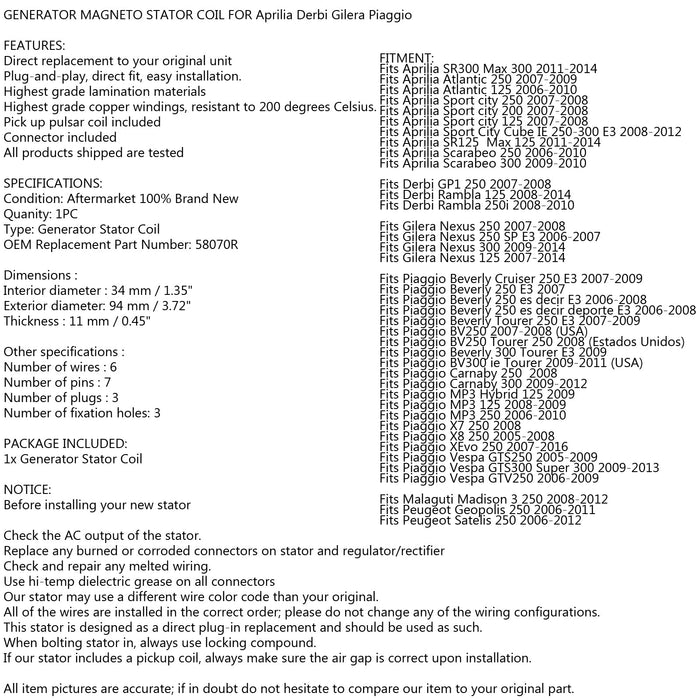 2006-2014 Aprilia Atlantic SR Sport City Scarabeo 125 200 250 300 Stator