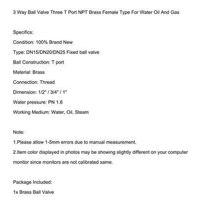 3-Way Ball Valve Female T Port Lever Handle Made Of Forged Brass