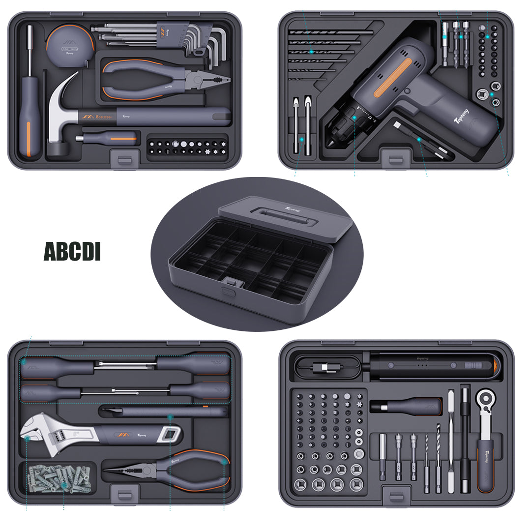 Multifunctional Home & Auto & Woodworkers Repair Tool Kit, Boxs-ABCDI
