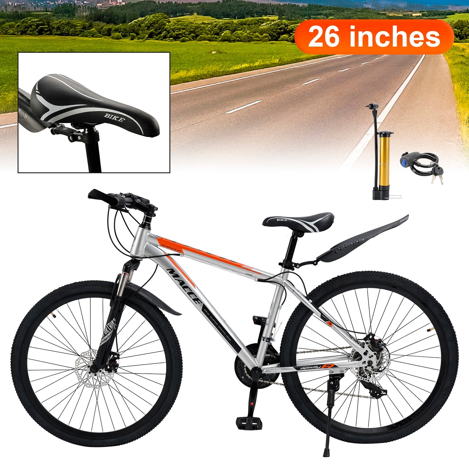 26 inch 27 Speed Disc Brake MTB Adult w/ Cup Holder Fender Silver (Copy)